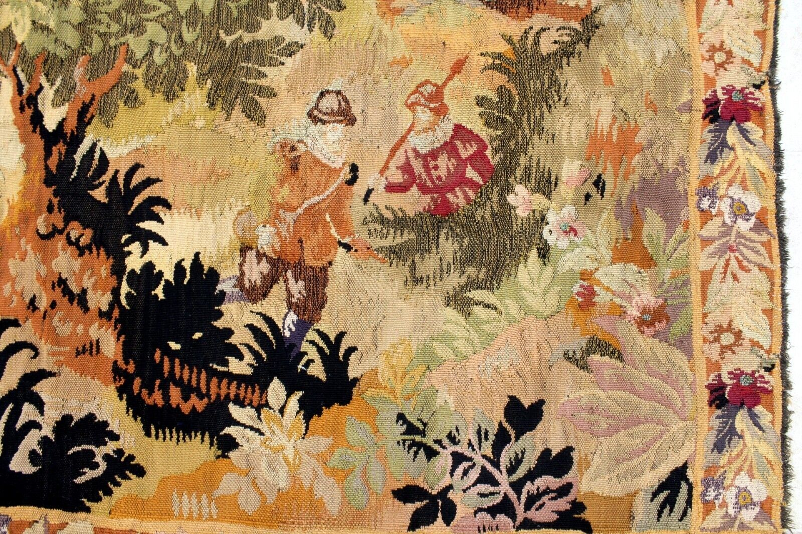 Rare 1880s Handmade French Hunting Tapestry