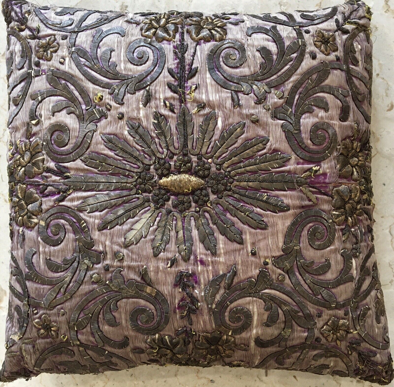 18th Century Italian Stumpwork Silk Pillow 16"x16