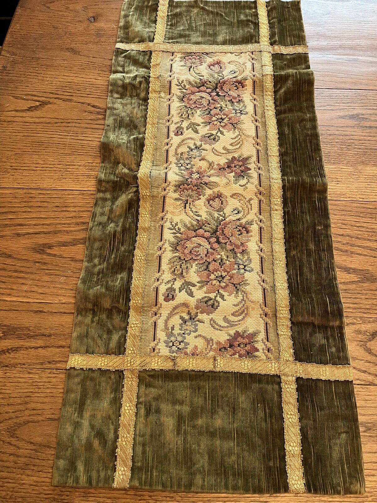 Antique 1800s Floral Velvet & Metal Tapestry Runner