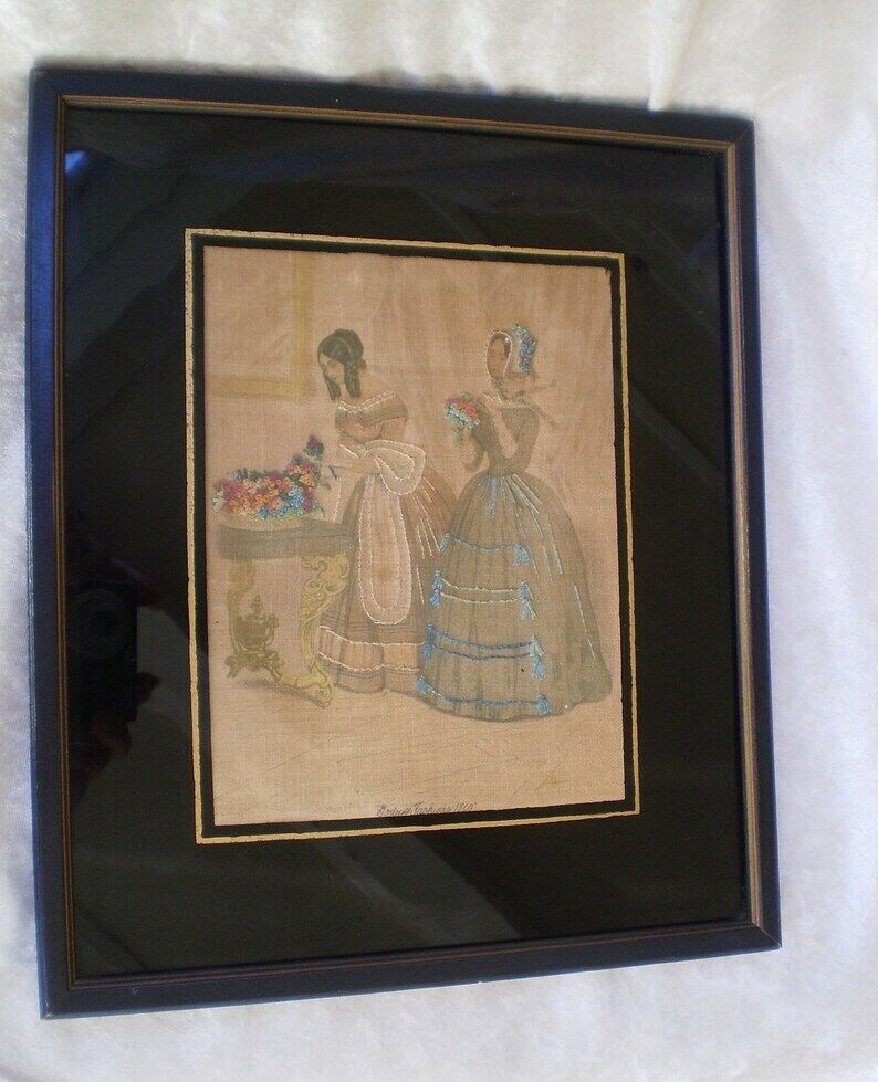 1800s Antique Godey Ladies Fashion Silk Embroidery