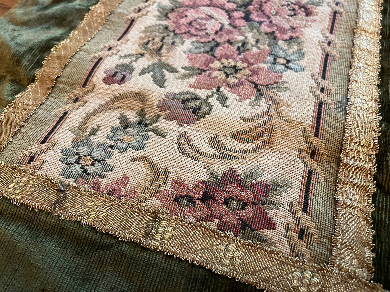Antique 1800s Floral Velvet & Metal Tapestry Runner