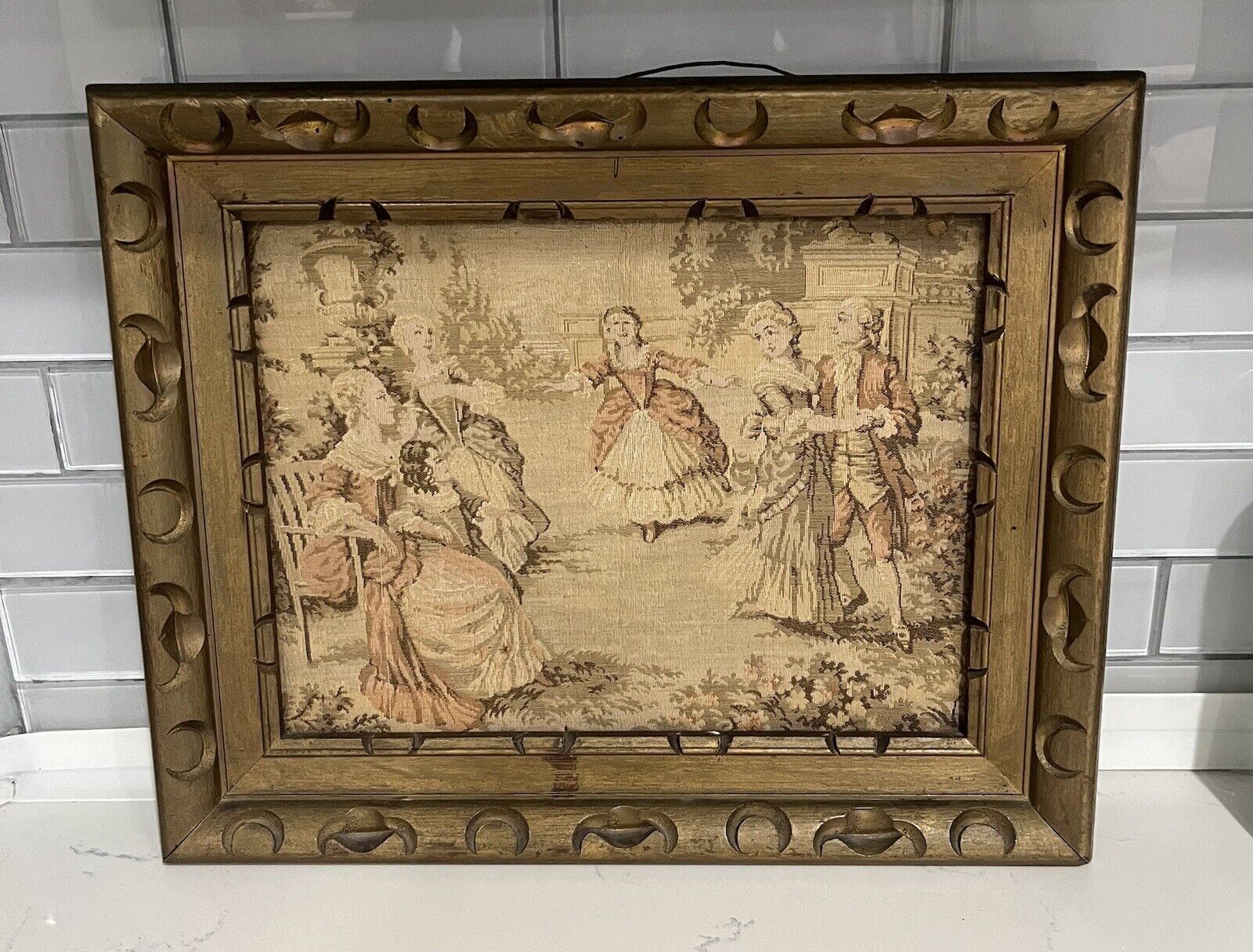1800s Hand Sewn Figural Needlepoint Tapestry Art