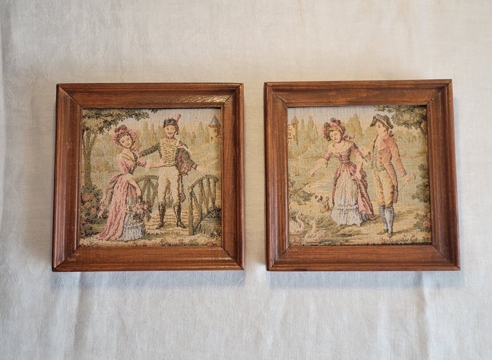 Framed 1800s Vintage Tapestry of Man & Woman
