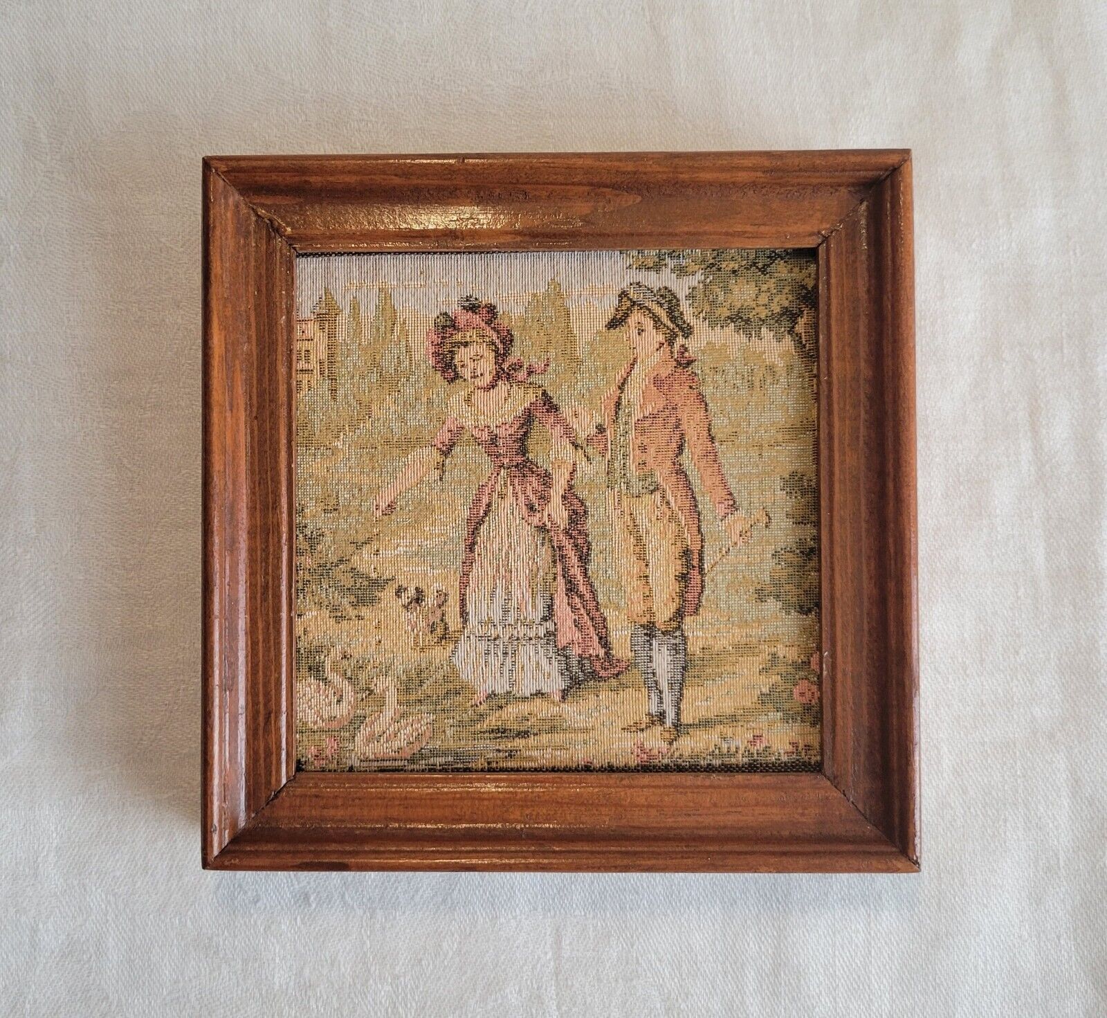 Framed 1800s Vintage Tapestry of Man & Woman