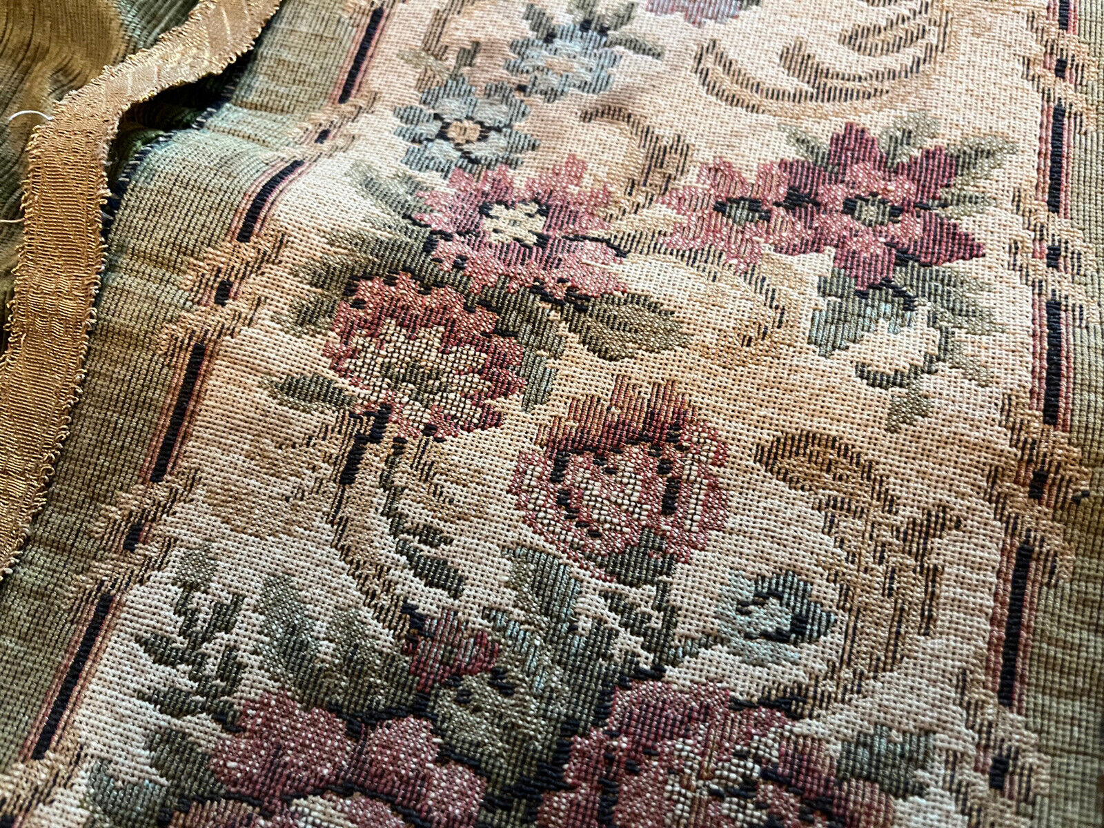 Antique 1800s Floral Velvet & Metal Tapestry Runner