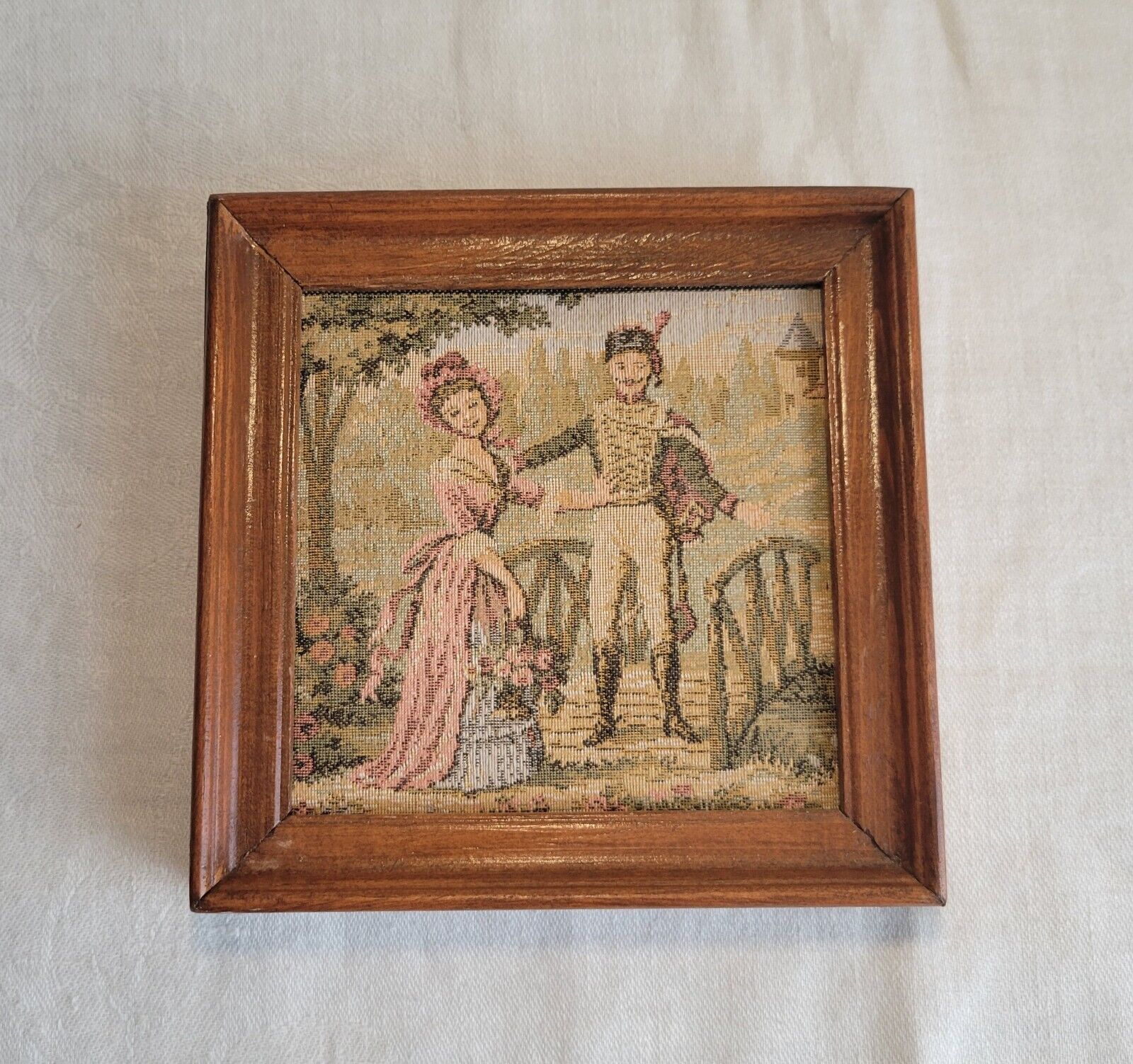 Framed 1800s Vintage Tapestry of Man & Woman