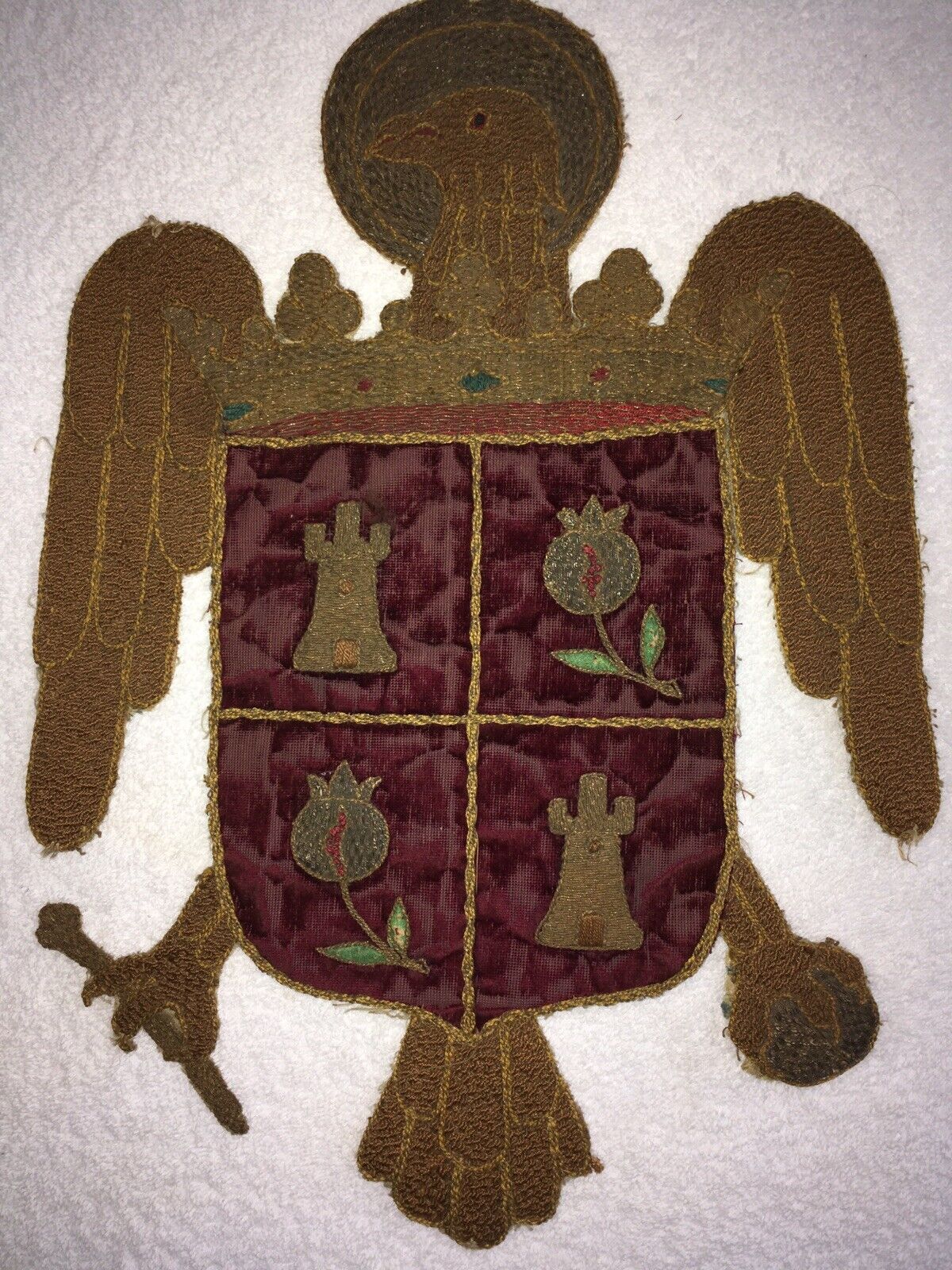 Antique Royal Eagle Embroidered Silk Crest, c. 1700s