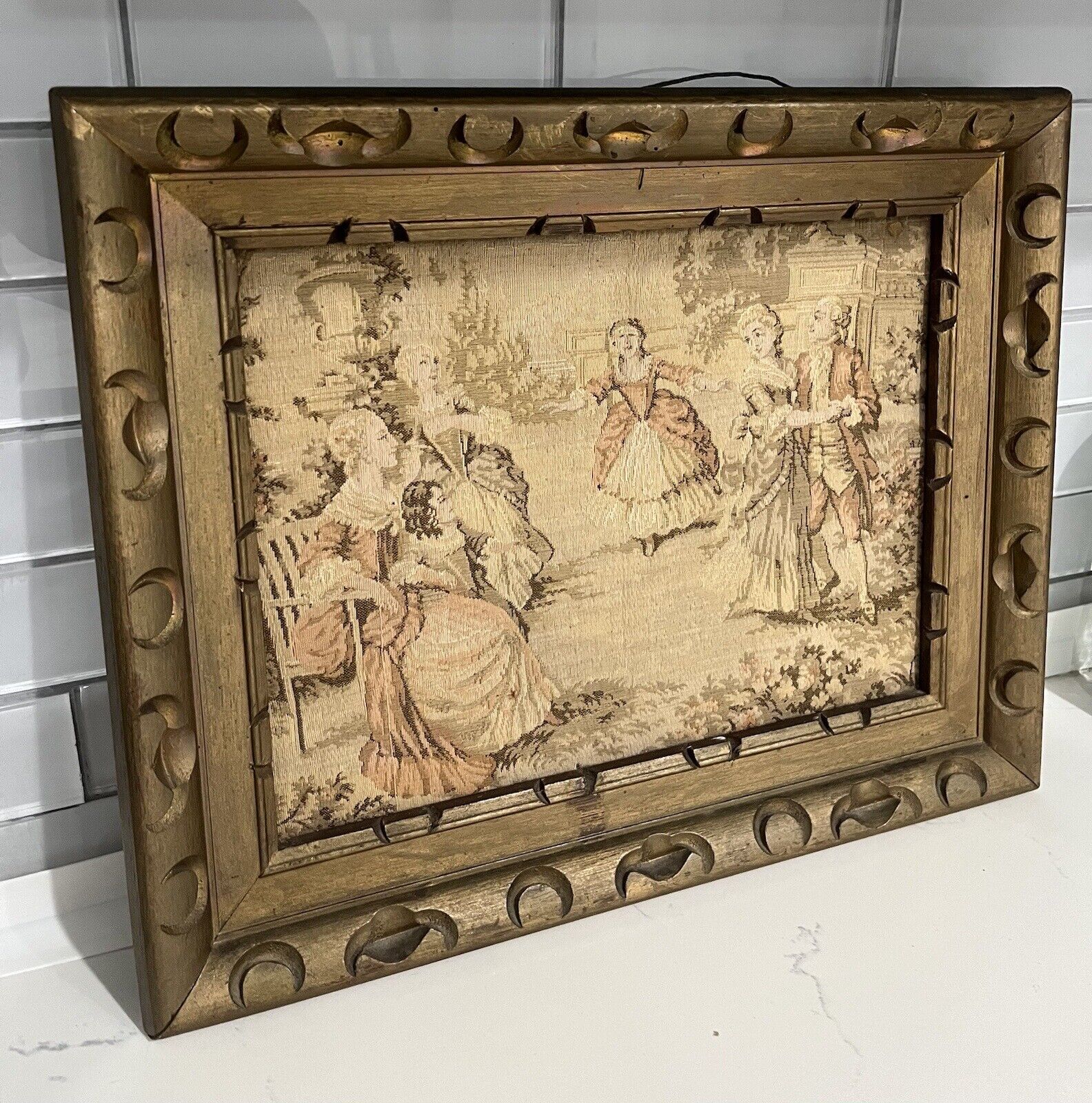 1800s Hand Sewn Figural Needlepoint Tapestry Art