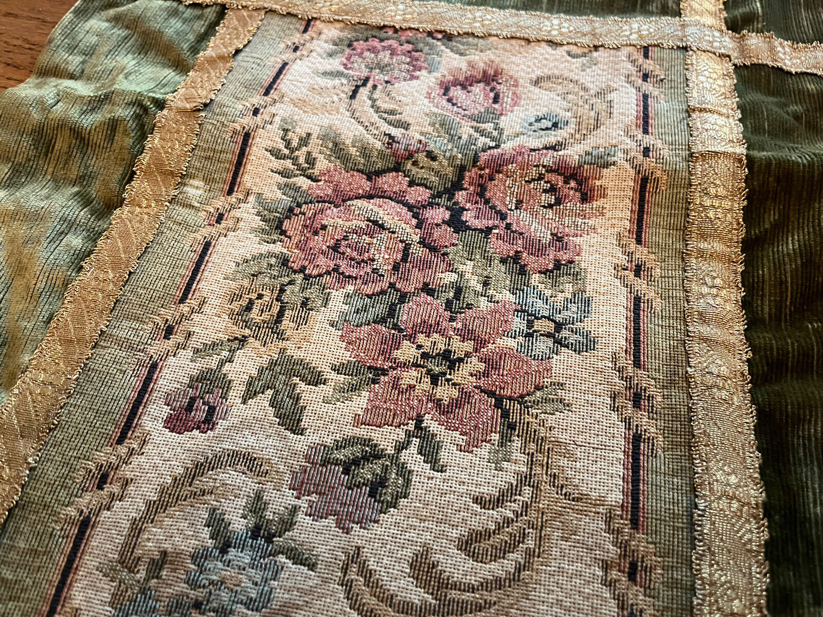 Antique 1800s Floral Velvet & Metal Tapestry Runner