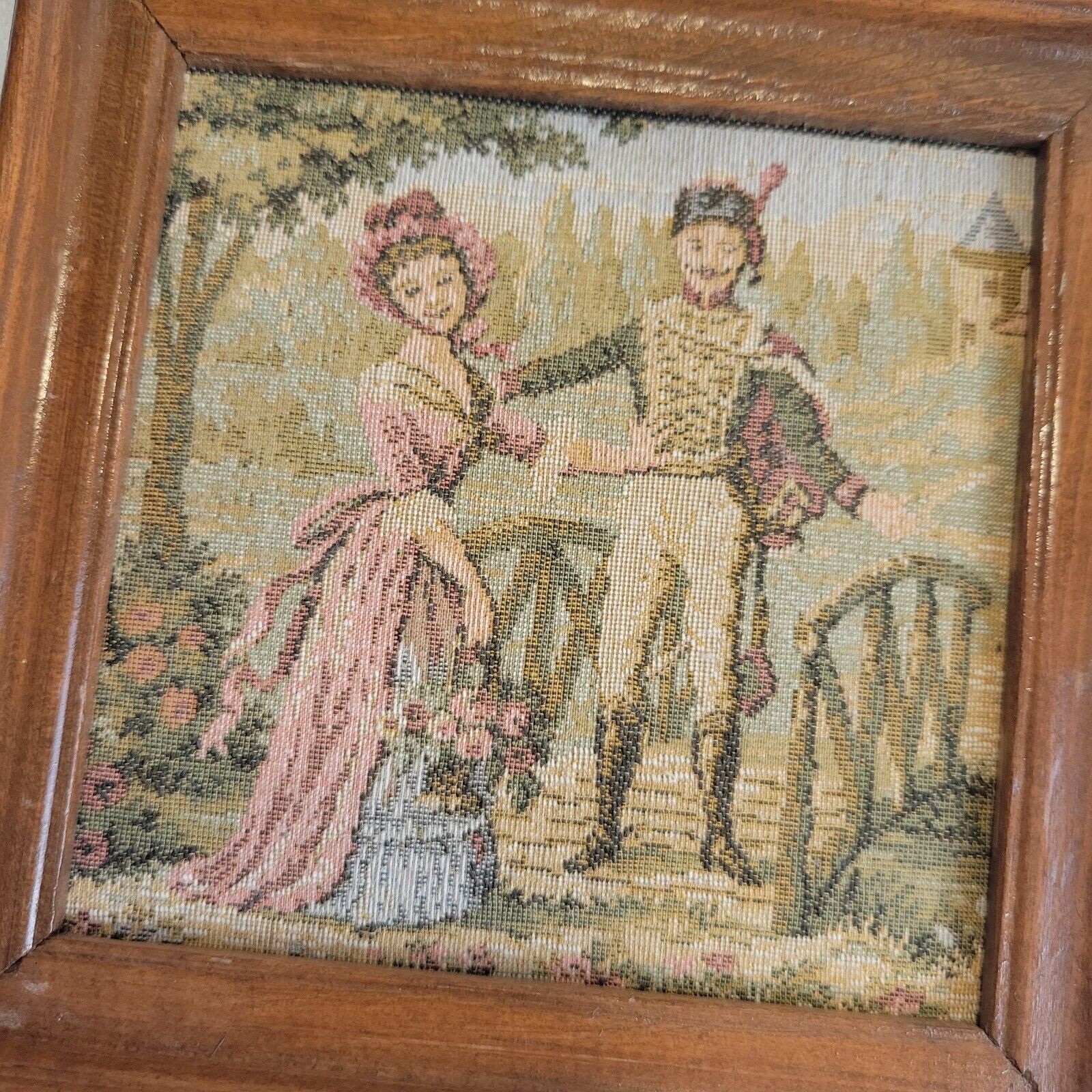 Framed 1800s Vintage Tapestry of Man & Woman