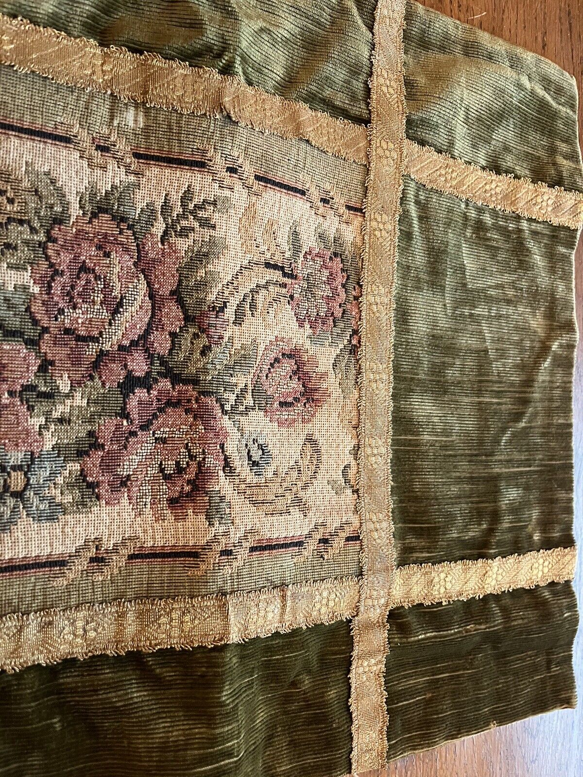 Antique 1800s Floral Velvet & Metal Tapestry Runner