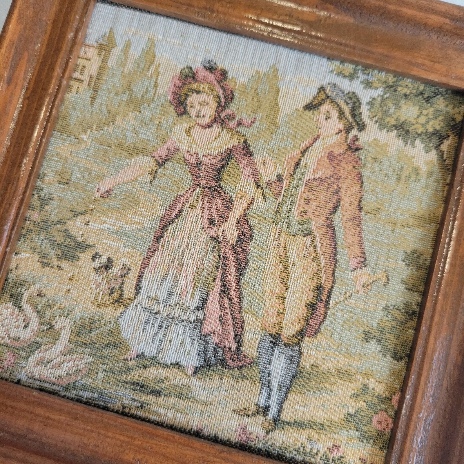Framed 1800s Vintage Tapestry of Man & Woman