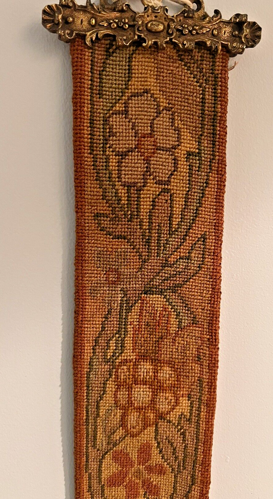 1800s Needlepoint Tapestry Bell Pull, Morris Style