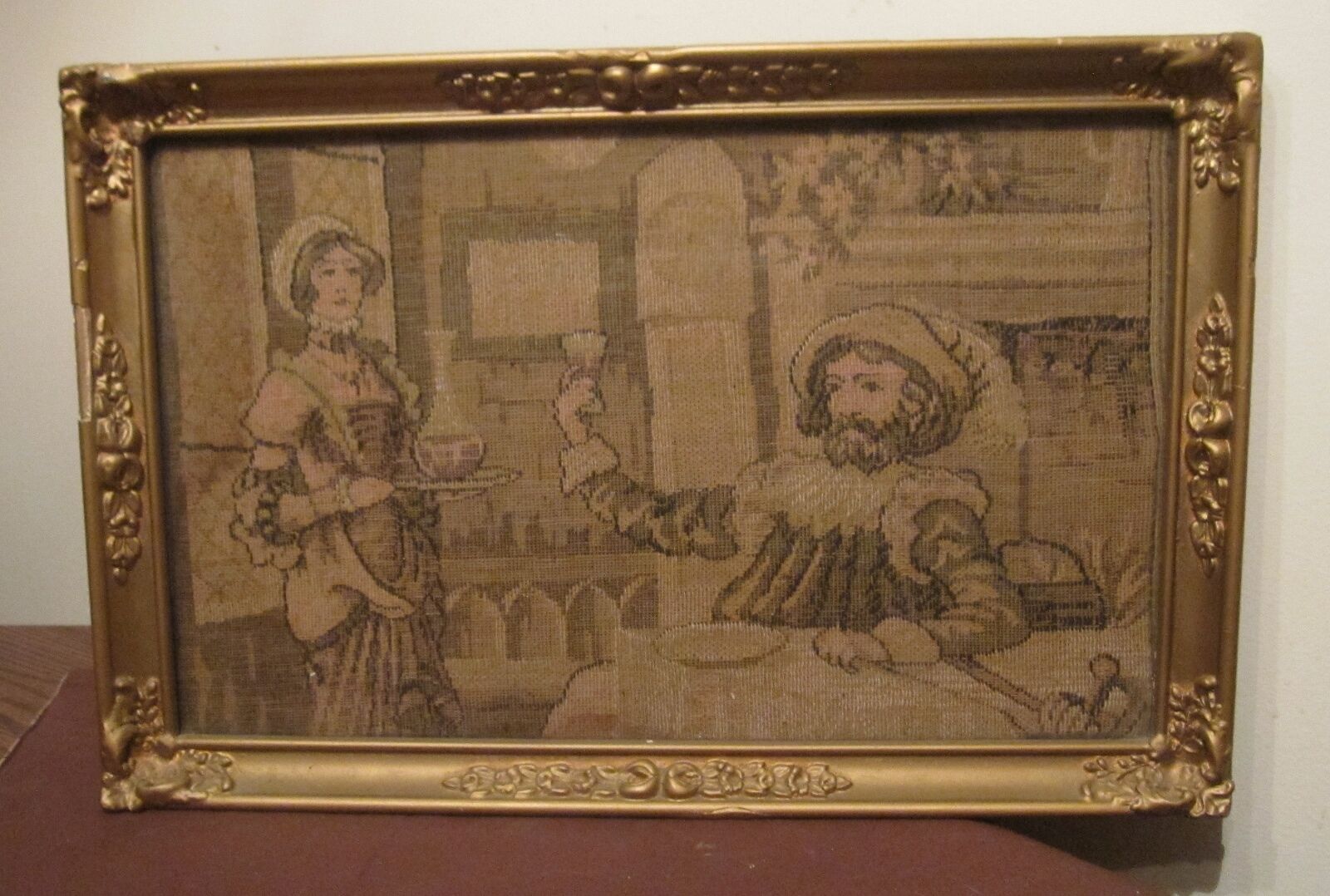 Original 1800s Hand Sewn Figural Needlepoint Tapestry