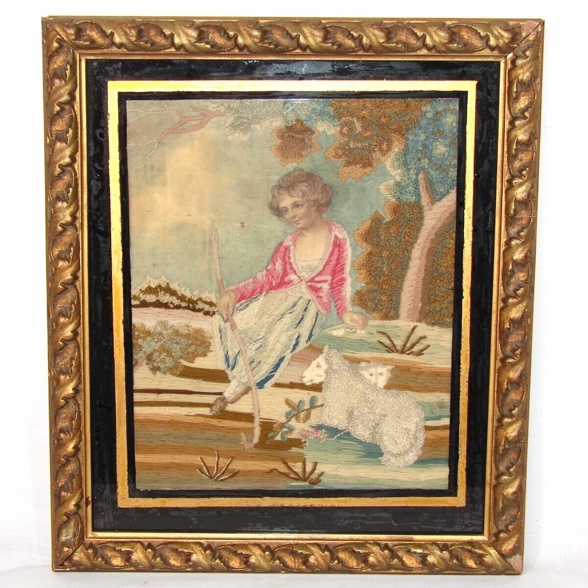 English Silk Work Tapestry in Gilt Frame