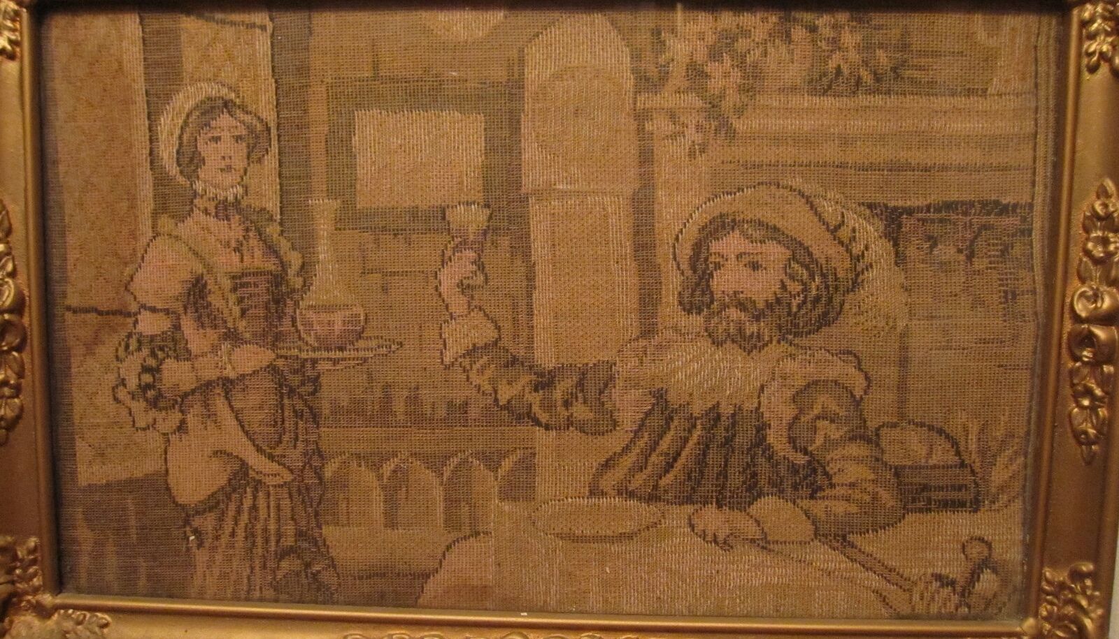 Original 1800s Hand Sewn Figural Needlepoint Tapestry