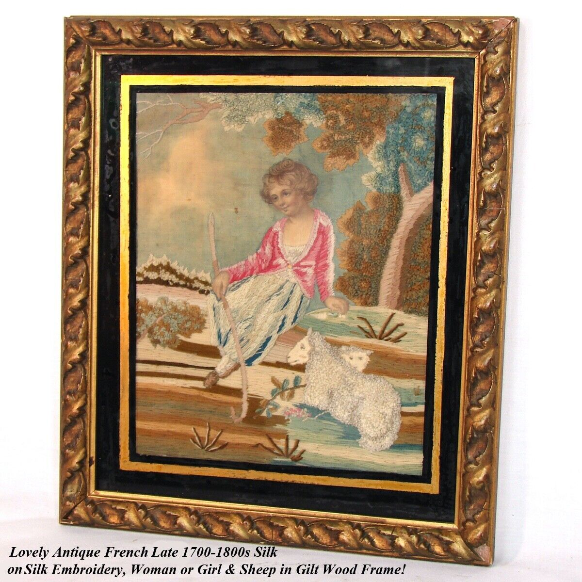English Silk Work Tapestry in Gilt Frame