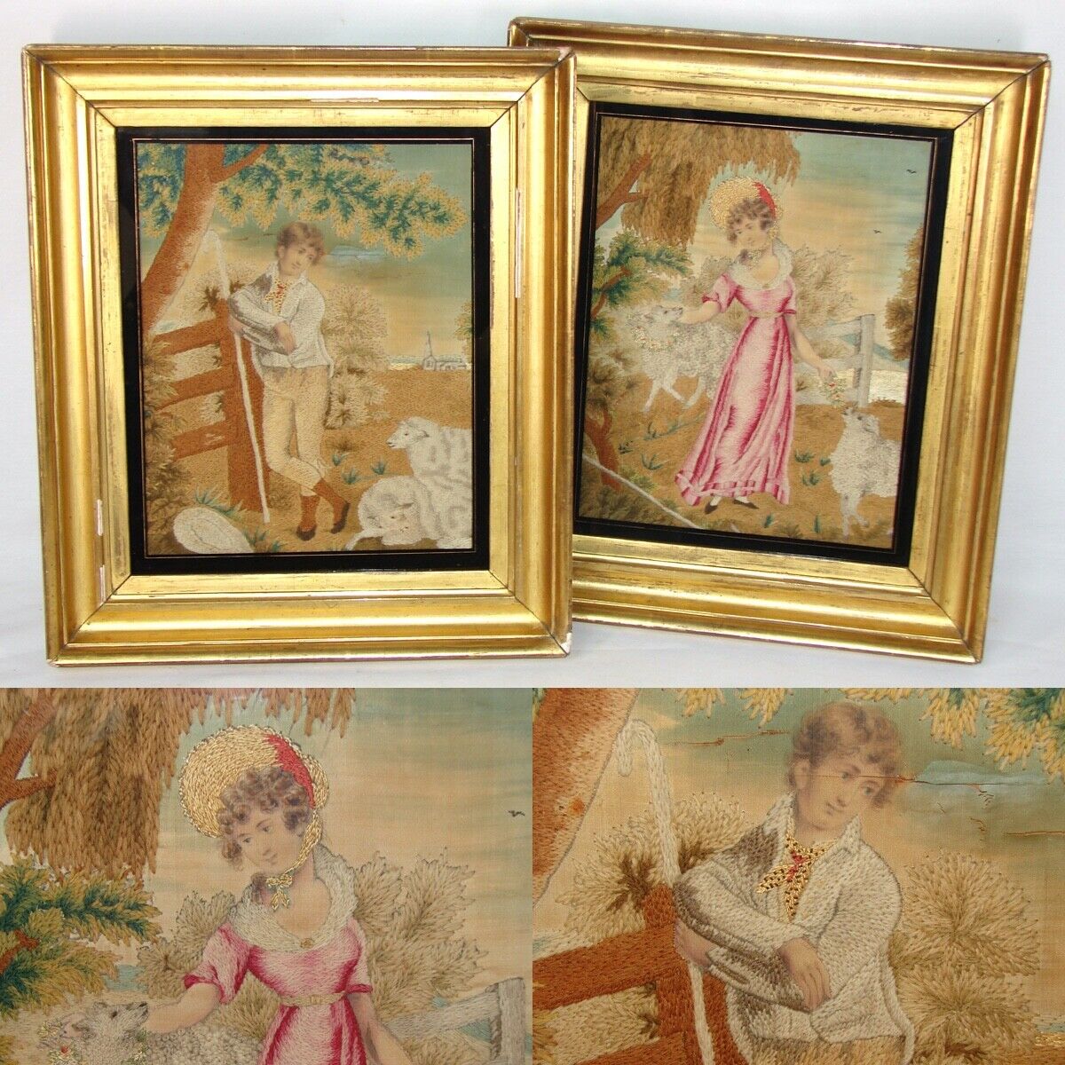 Antique English Silk Work Tapestry Sampler Pair