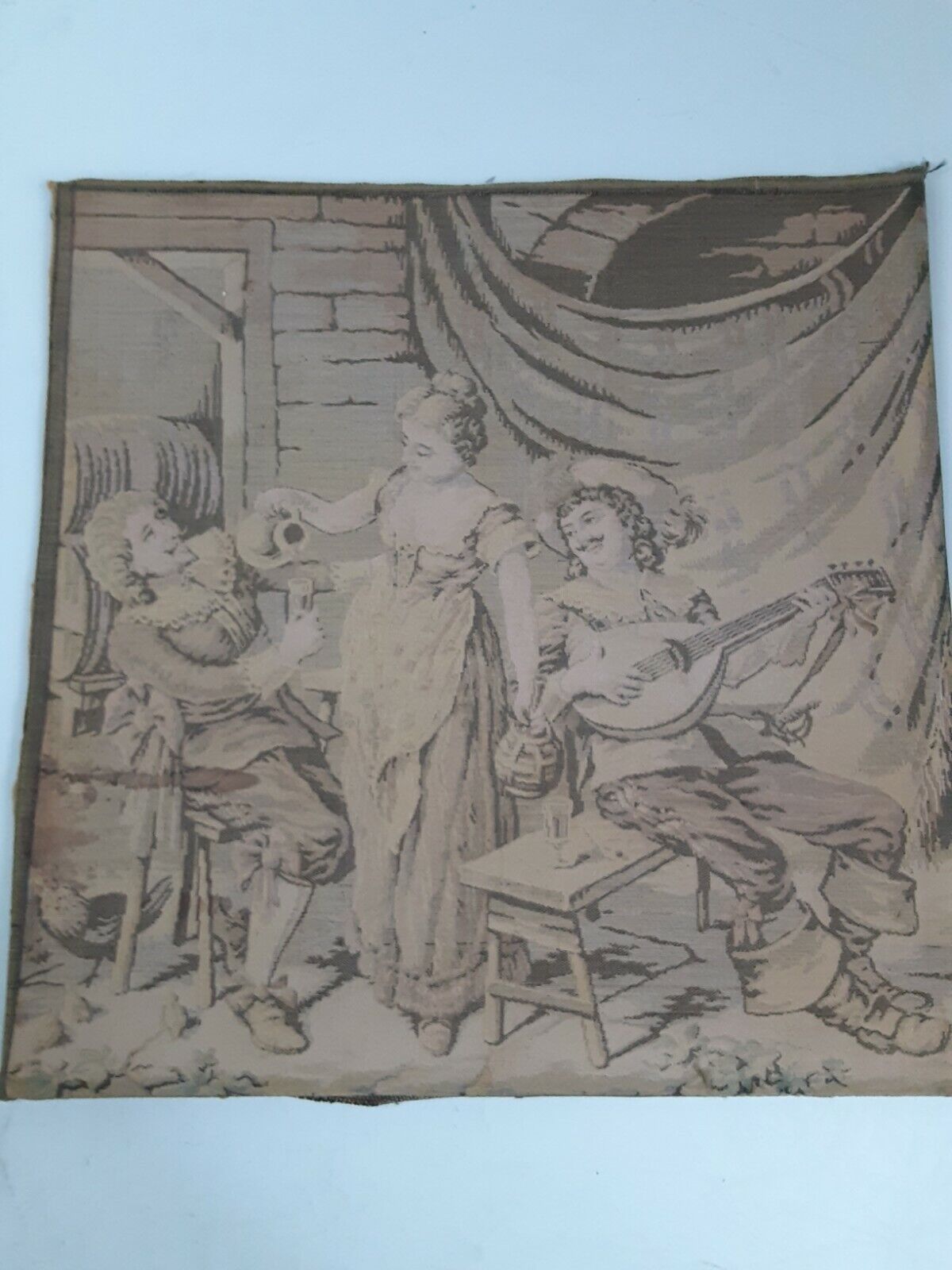 1700s Vintage Tapestry of Two Men and Lady