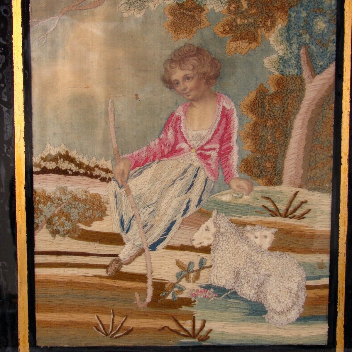 English Silk Work Tapestry in Gilt Frame