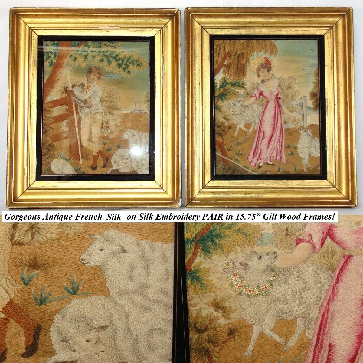 Antique English Silk Work Tapestry Sampler Pair