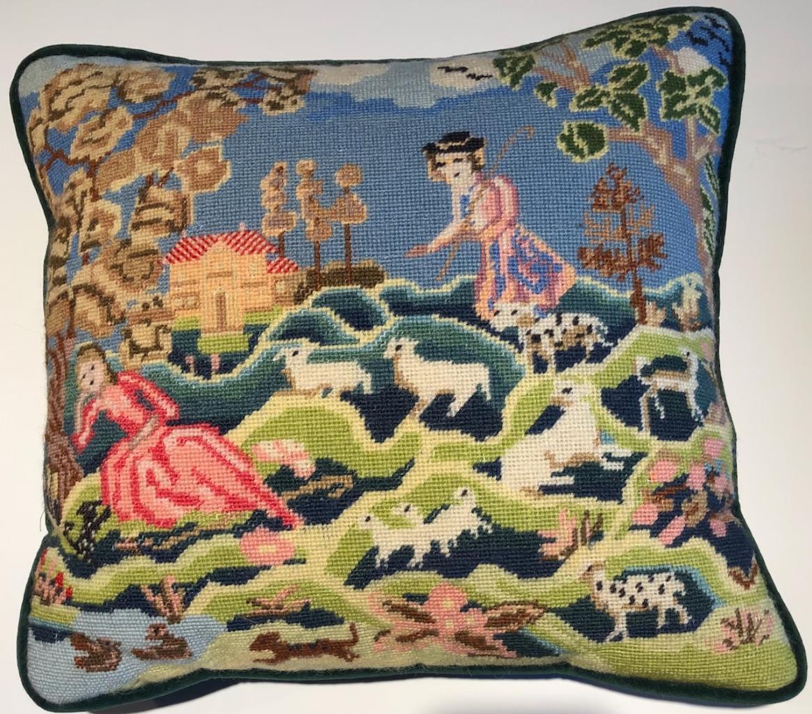 1700s Needlepoint Sheep Herder Scene Wall Art