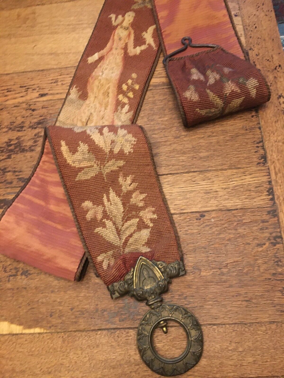 1800s Needlepoint Tapestry Bell Pull with Falcon