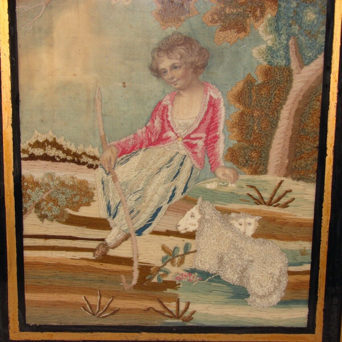 English Silk Work Tapestry in Gilt Frame