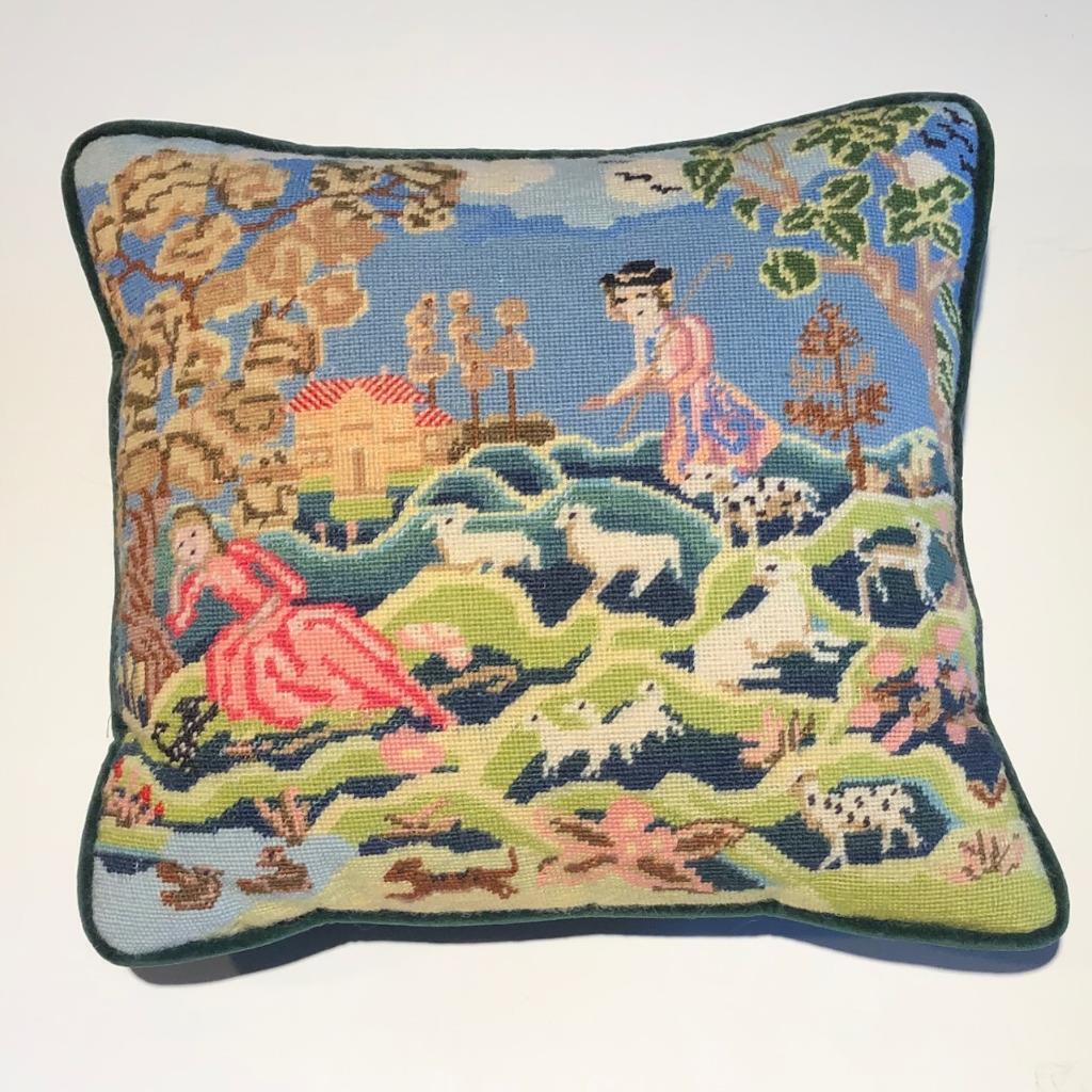 1700s Needlepoint Sheep Herder Scene Wall Art