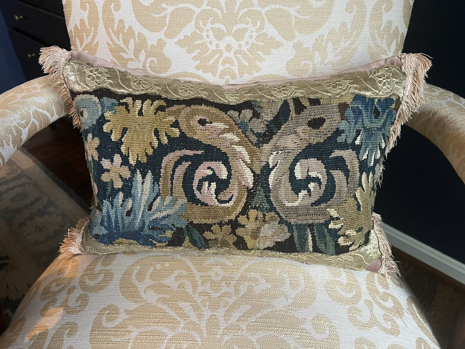18th Century Antique Tapestry Pillow with Fringe