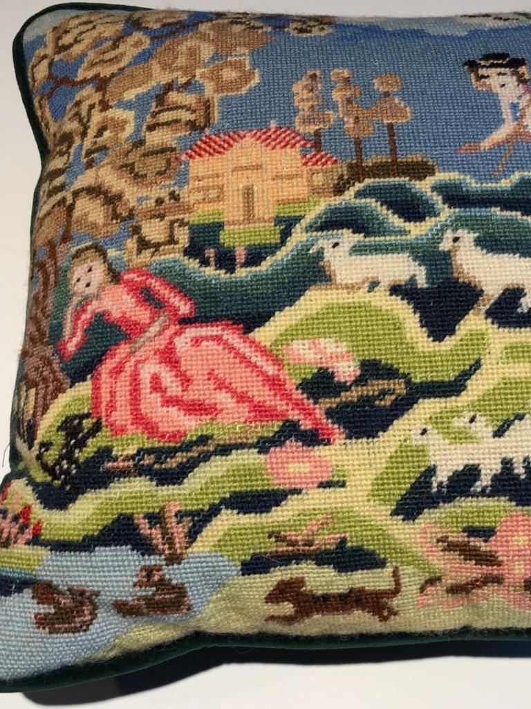 1700s Needlepoint Sheep Herder Scene Wall Art
