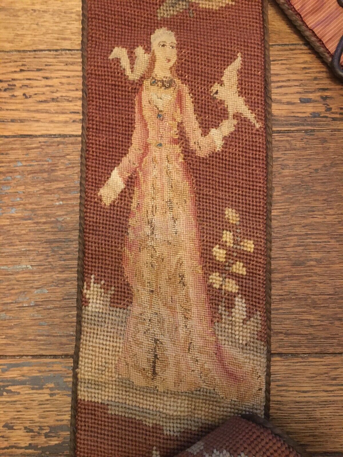 1800s Needlepoint Tapestry Bell Pull with Falcon
