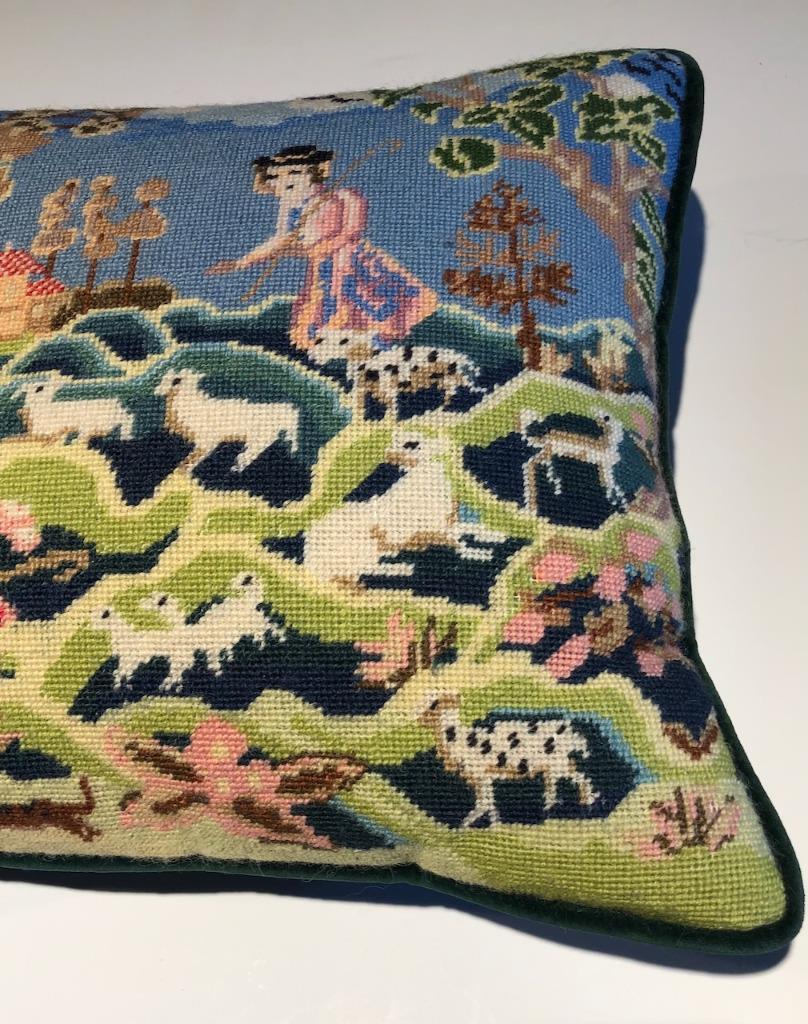 1700s Needlepoint Sheep Herder Scene Wall Art