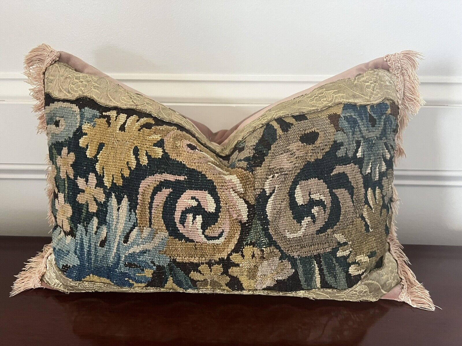 18th Century Antique Tapestry Pillow with Fringe