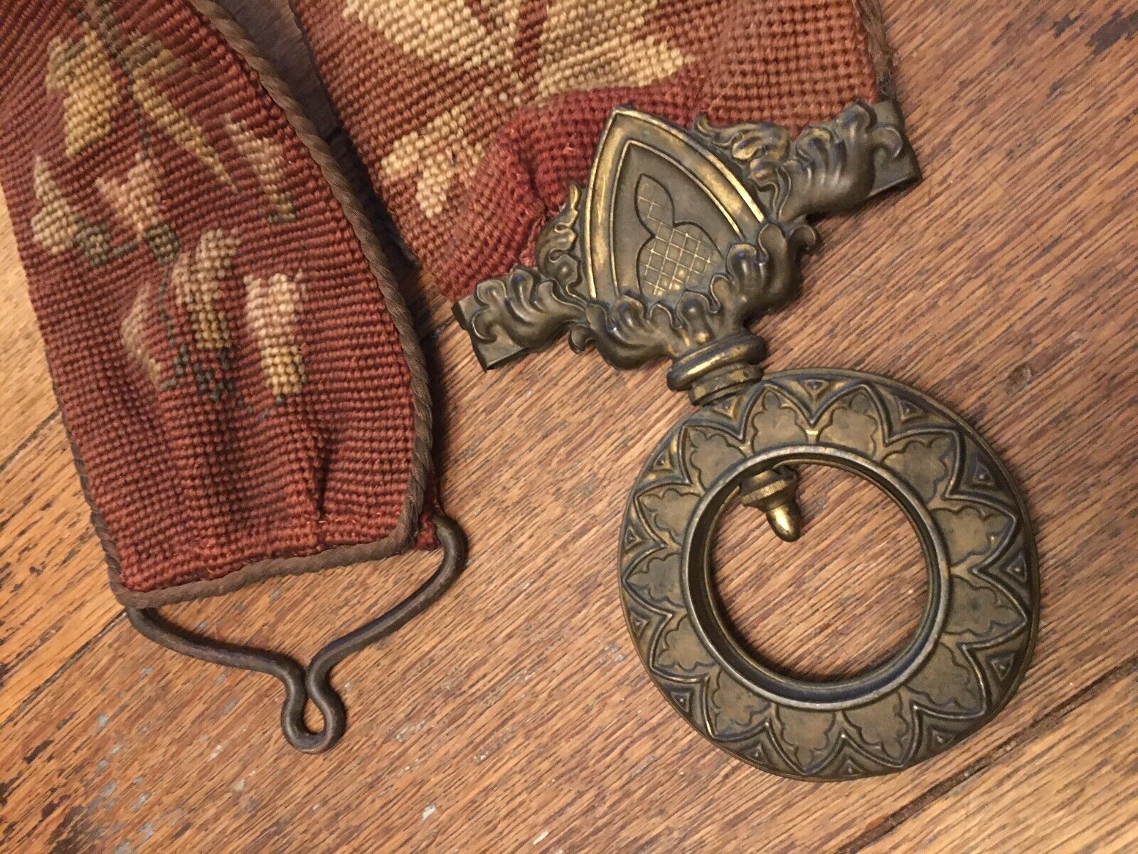 1800s Needlepoint Tapestry Bell Pull with Falcon