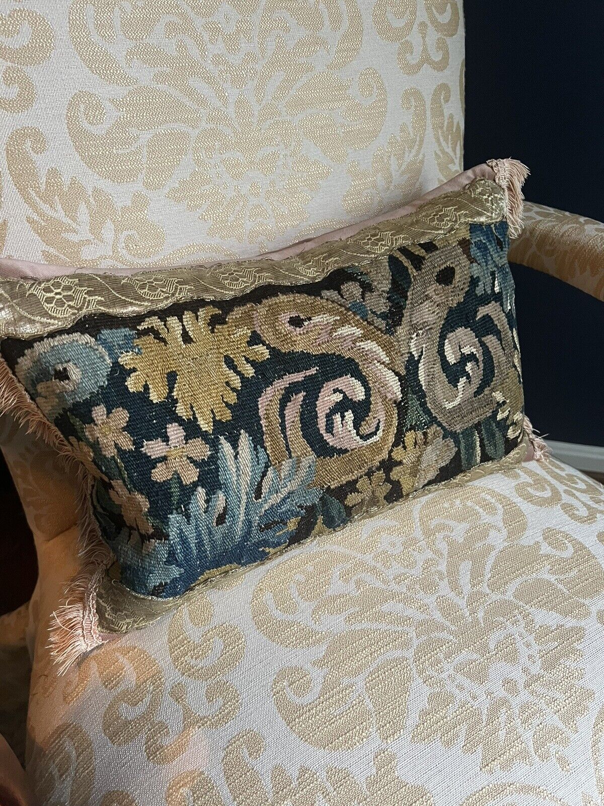 18th Century Antique Tapestry Pillow with Fringe