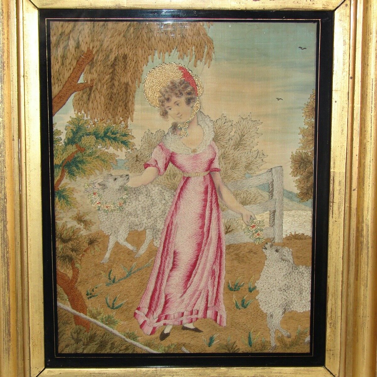 Antique English Silk Work Tapestry Sampler Pair