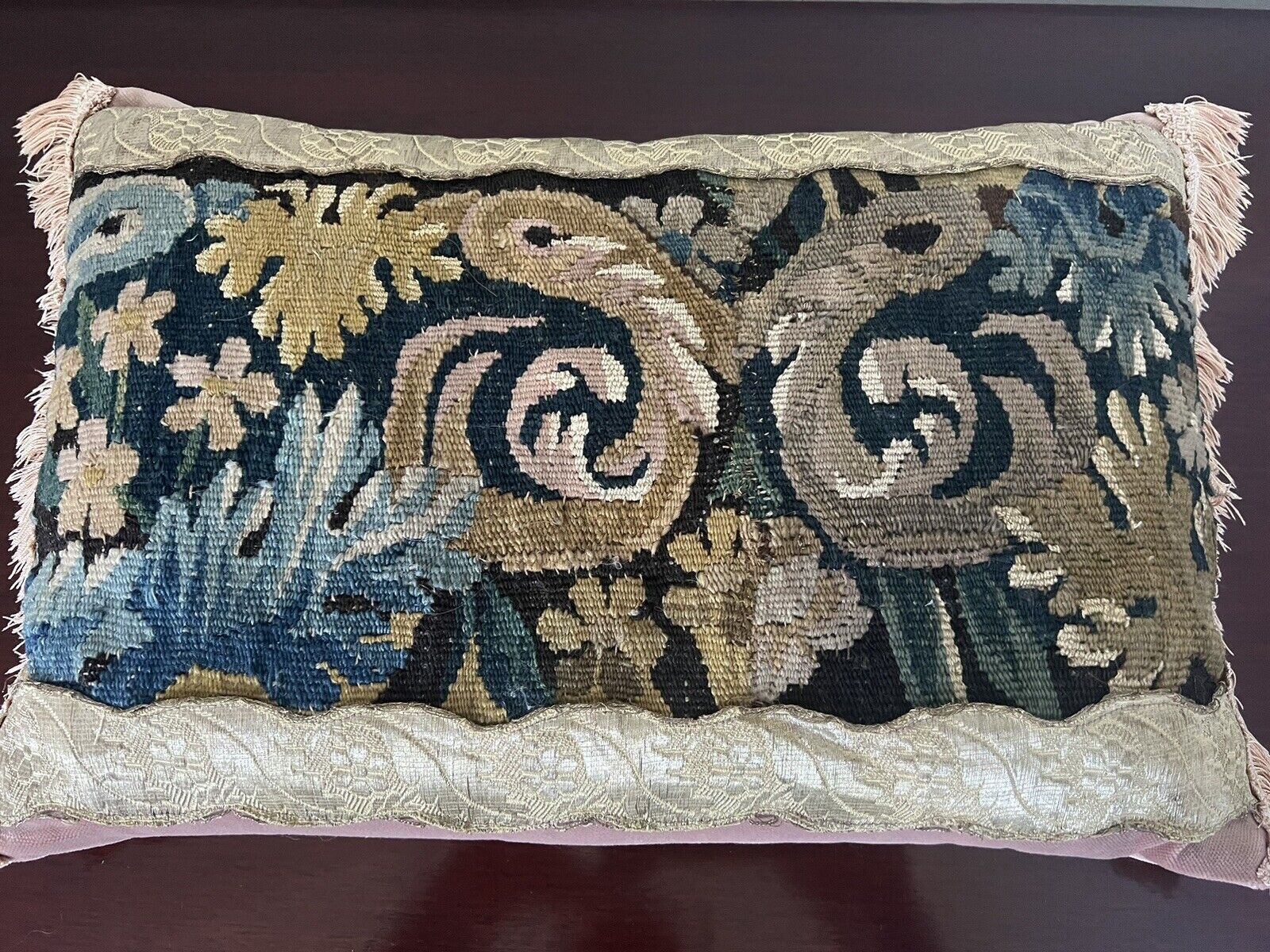 18th Century Antique Tapestry Pillow with Fringe