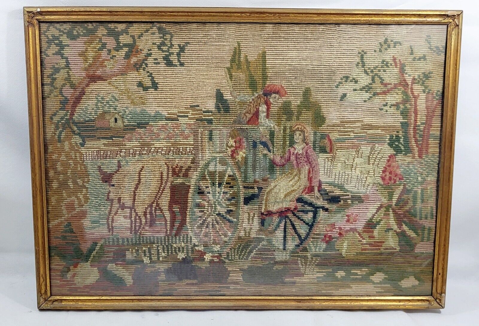 Antique European Needlepoint Crewel Framed Artwork