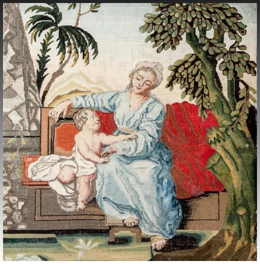 1600s-1700s Fine Needlepoint Tapestry, Mother & Putti