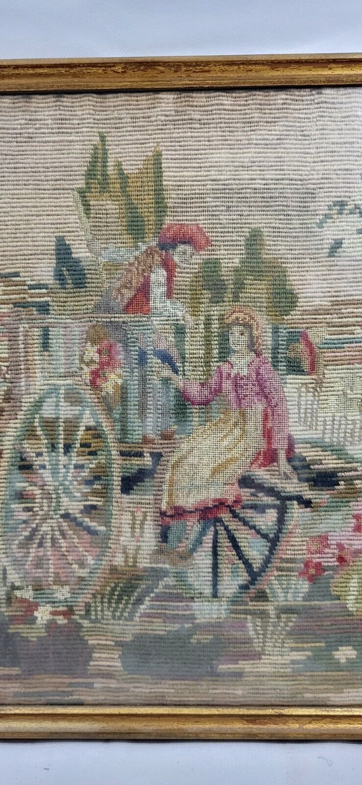 Antique European Needlepoint Crewel Framed Artwork