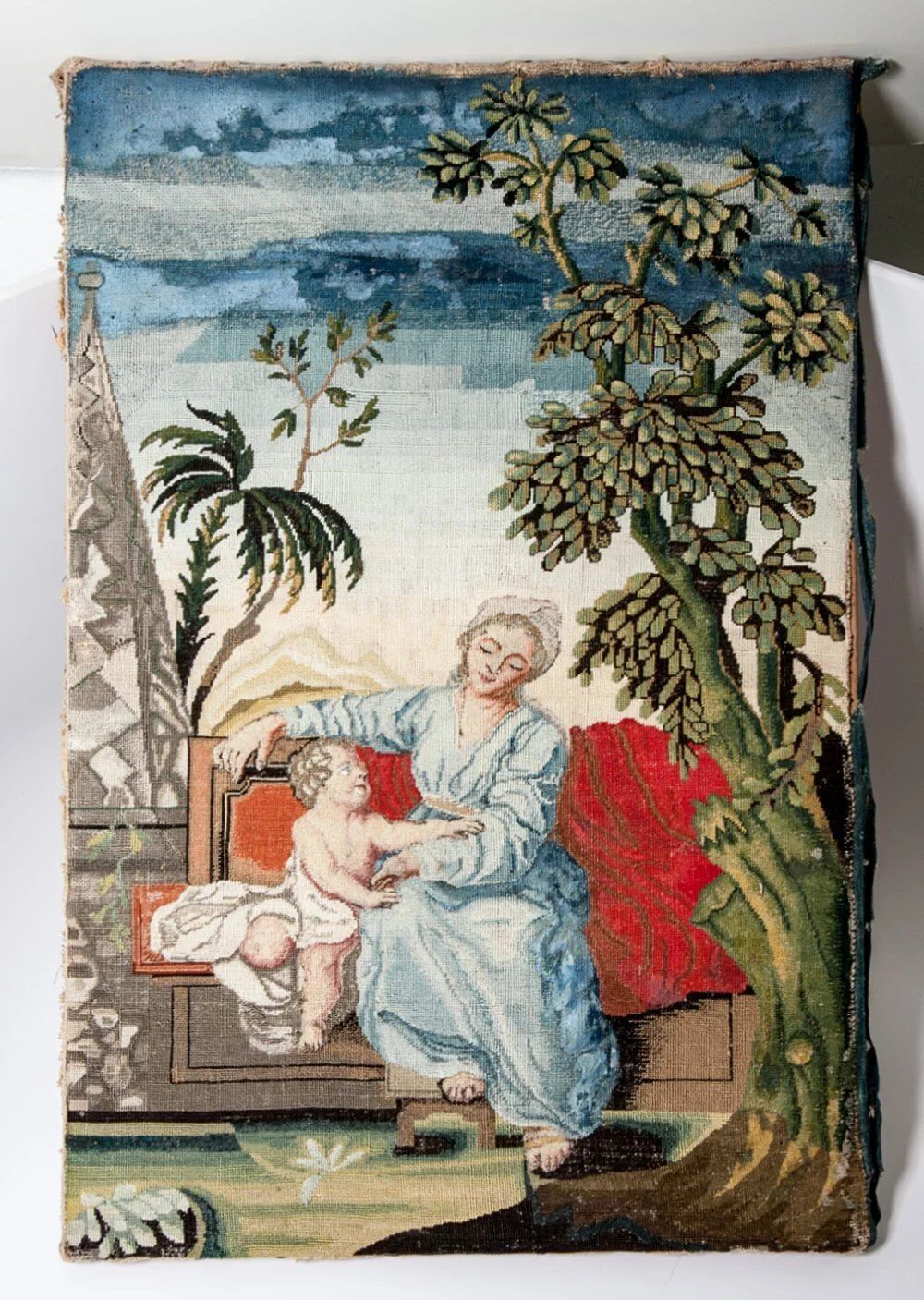 1600s-1700s Fine Needlepoint Tapestry, Mother & Putti
