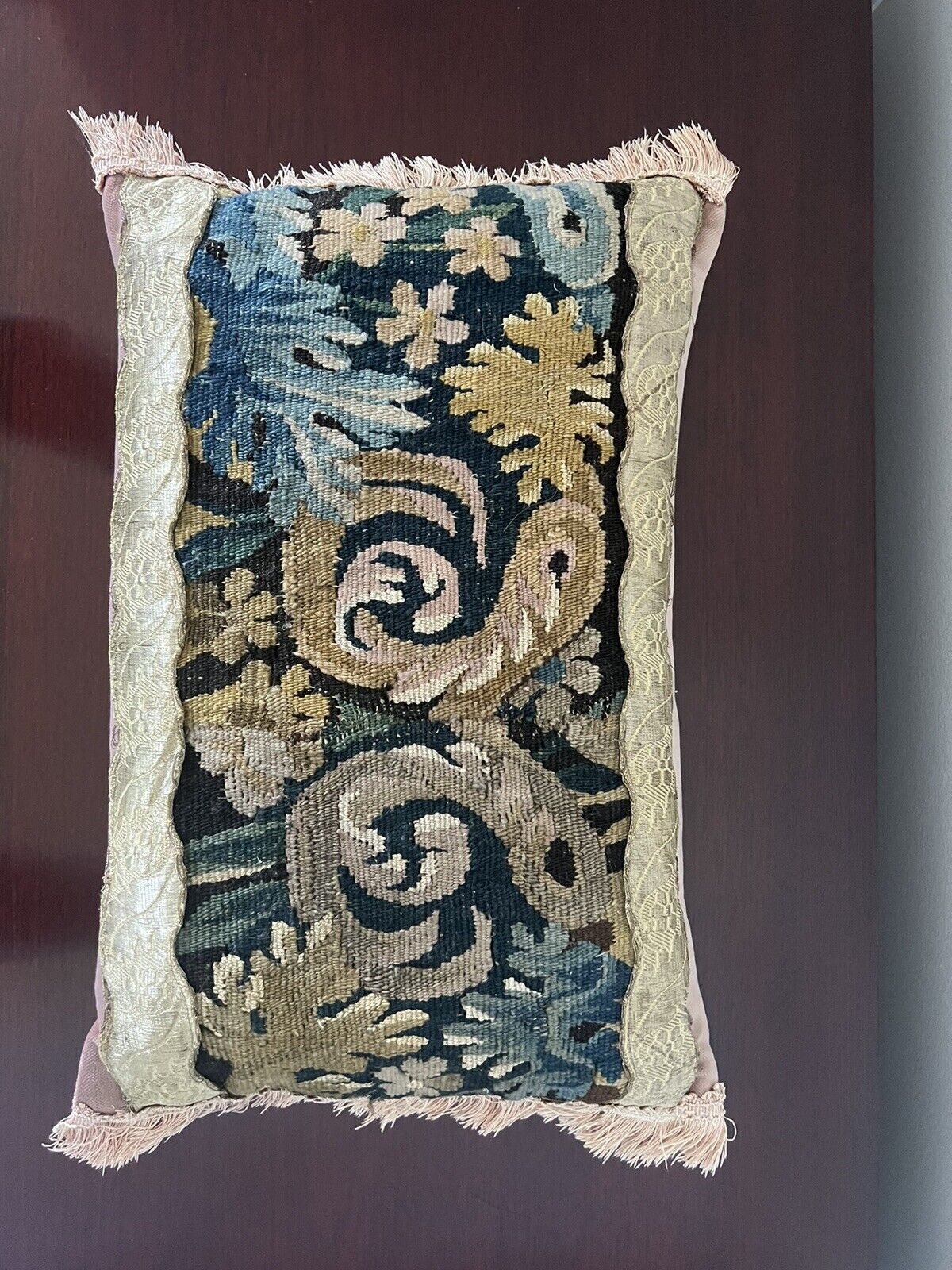 18th Century Antique Tapestry Pillow with Fringe