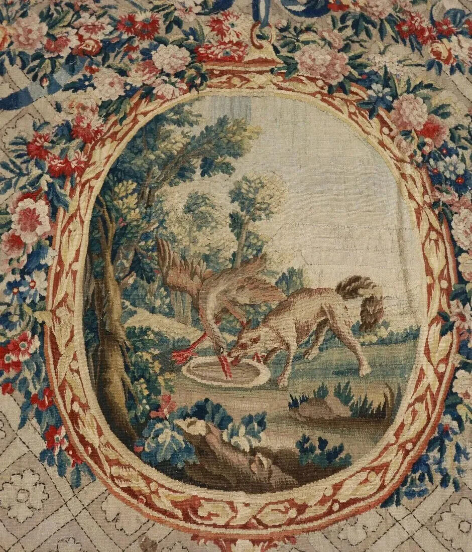 Aubusson Floral Tapestry, Fontaine's Fables, 1700s