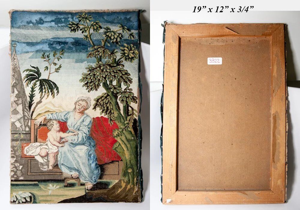 1600s-1700s Fine Needlepoint Tapestry, Mother & Putti