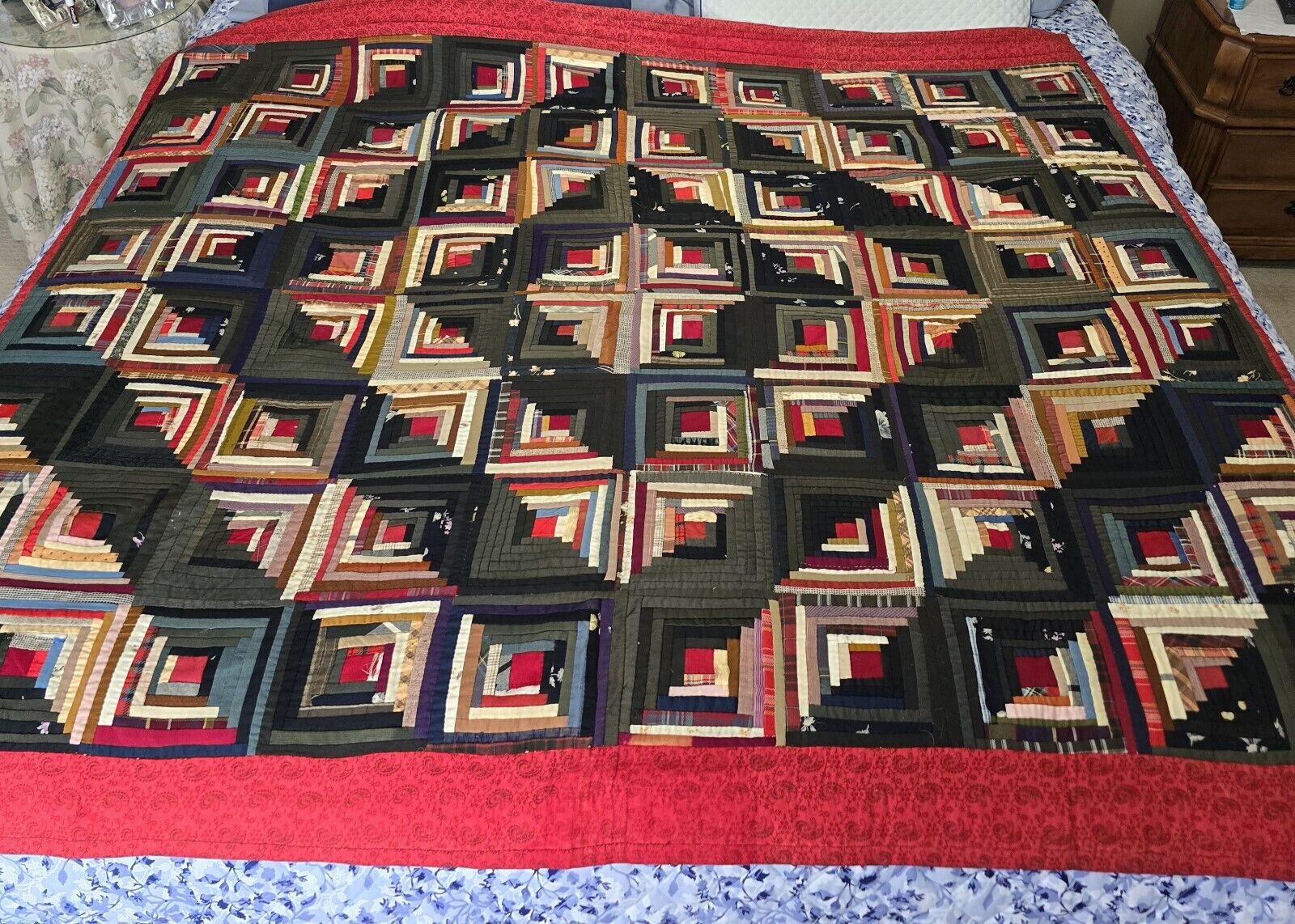 1900s Hand-Stitched Log Cabin Quilt, Museum Quality