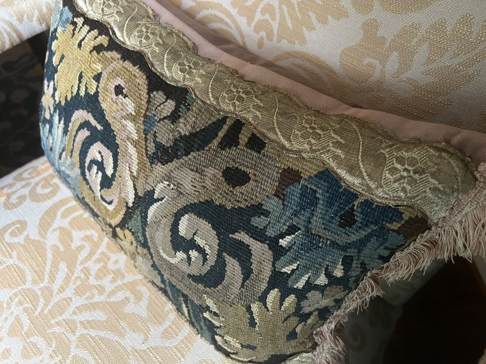 18th Century Antique Tapestry Pillow with Fringe