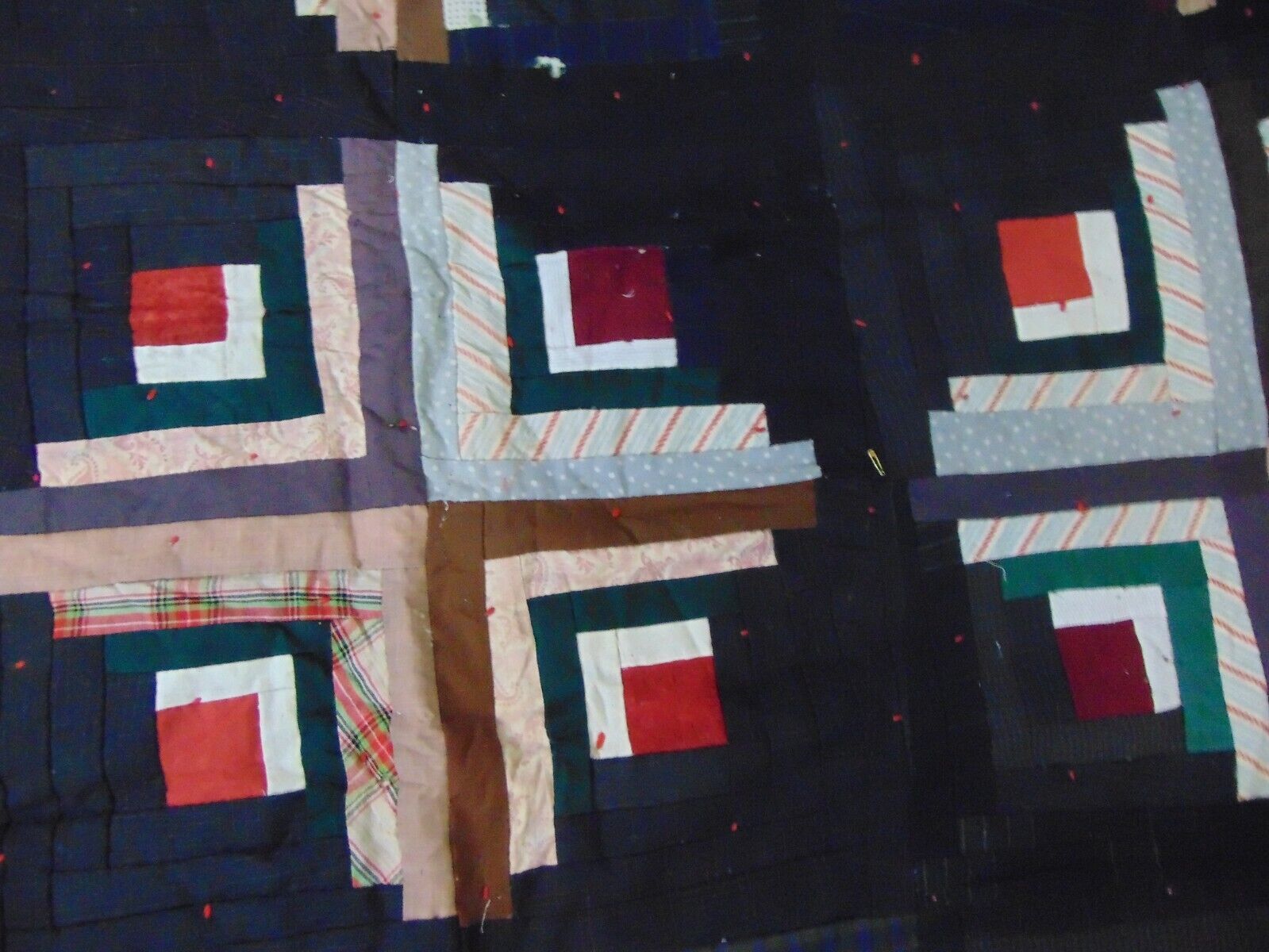 Log Cabin Pattern Quilt - 1900s Wool 52x83
