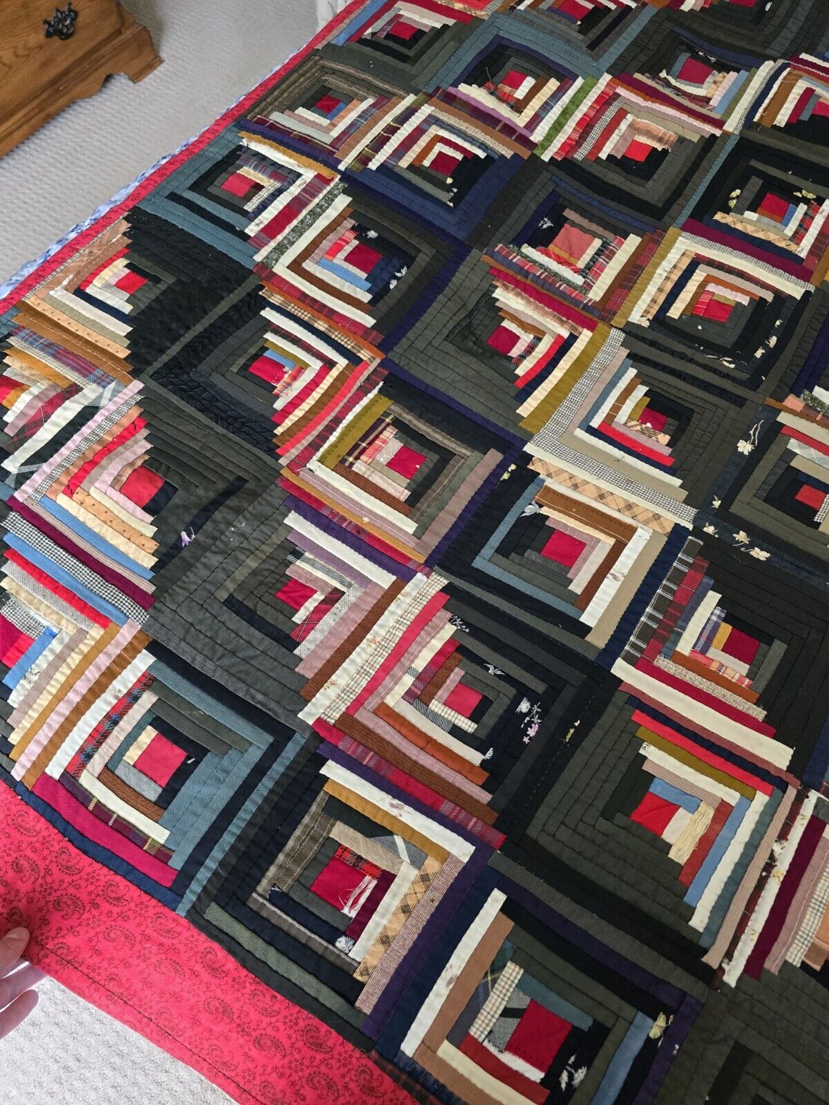 1900s Hand-Stitched Log Cabin Quilt, Museum Quality