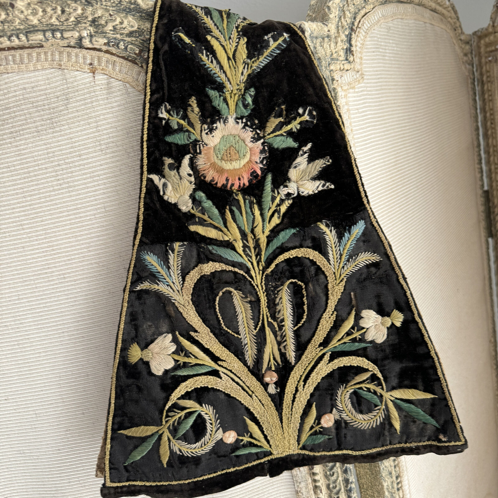 18th Century French Embroidered Black Velvet Stomacher